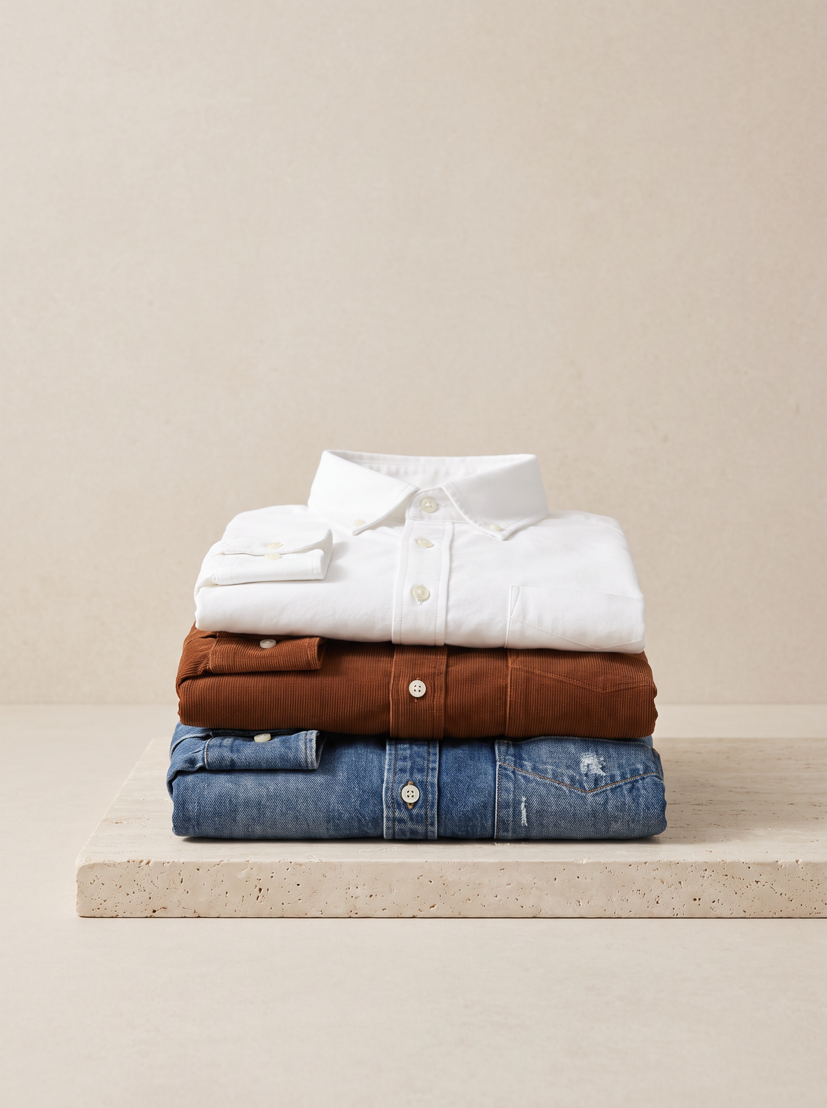 Folded shirts on a travertine slab