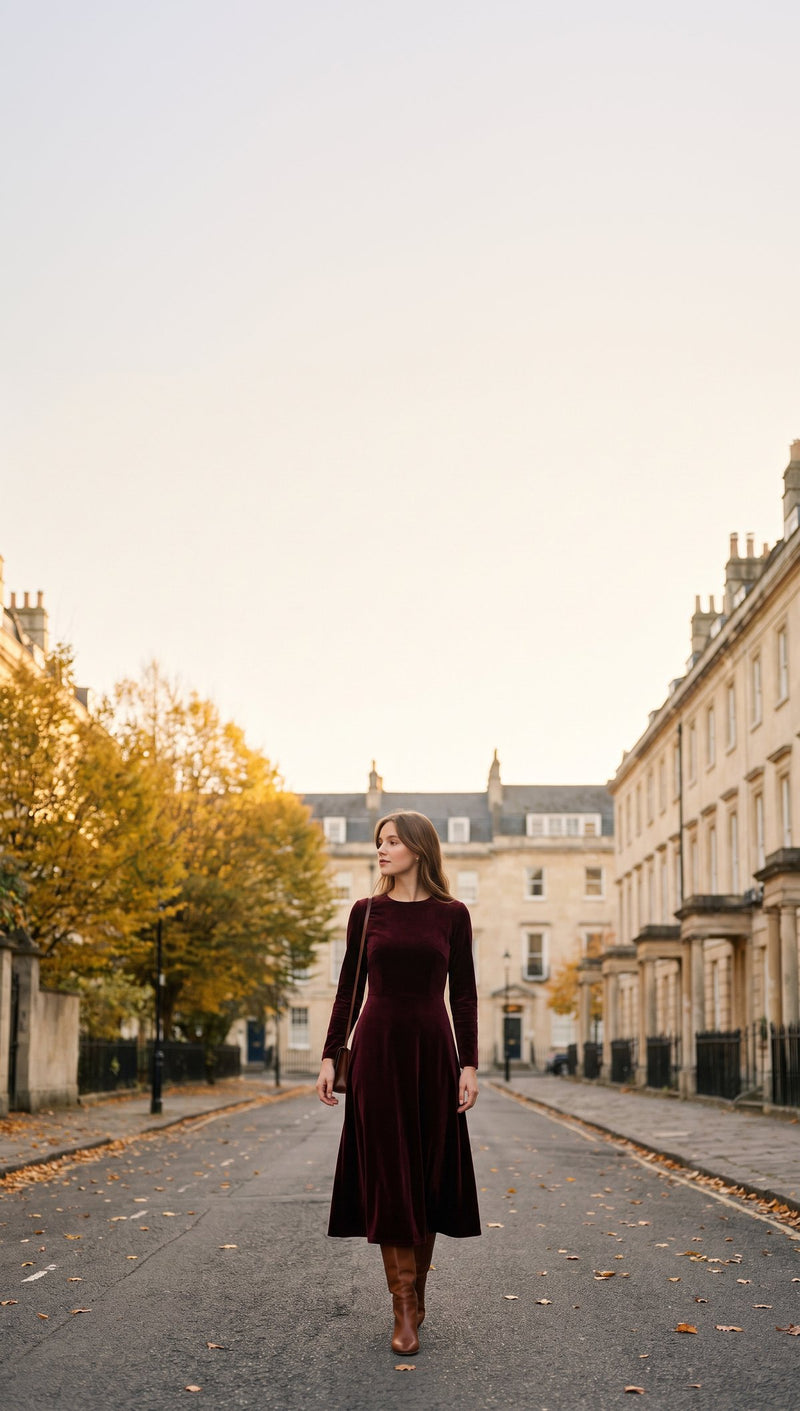 Woman in a burgundy velvet long sleeve midi dress walking down a city street in autumn