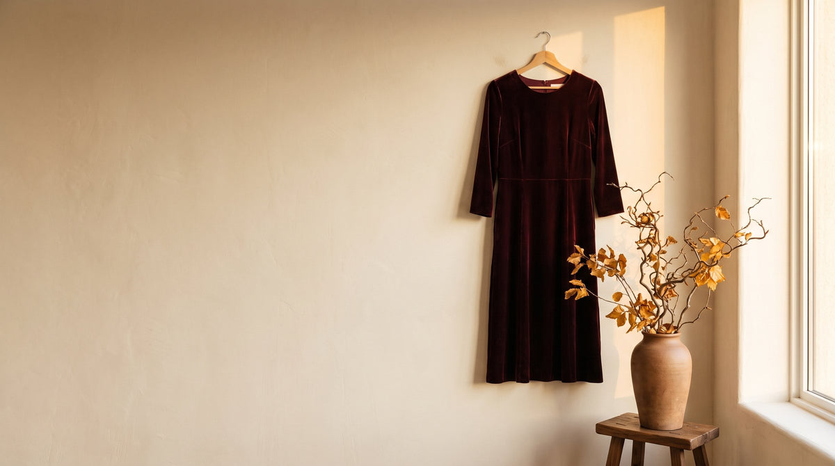 Burgundy velvet dress on a wooden hanger beside a vase of autumn branches