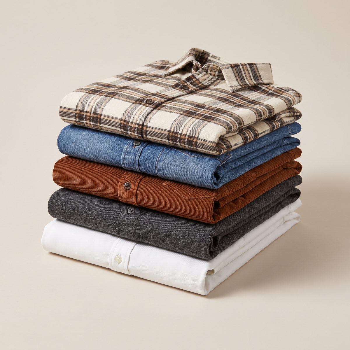 Folded shirts stacked on a stone surface