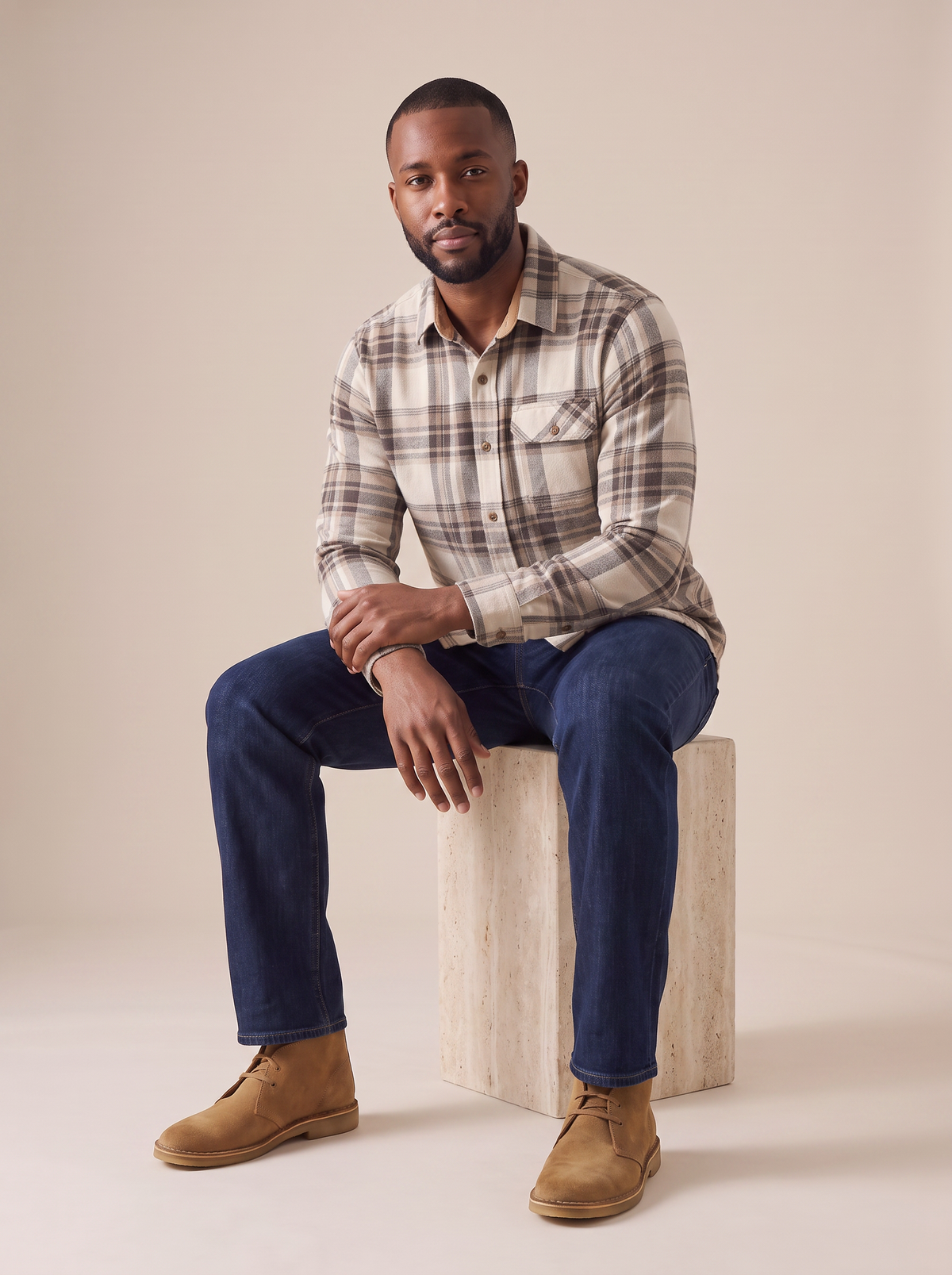 Man in a plaid flannel shirt seated on a stone block