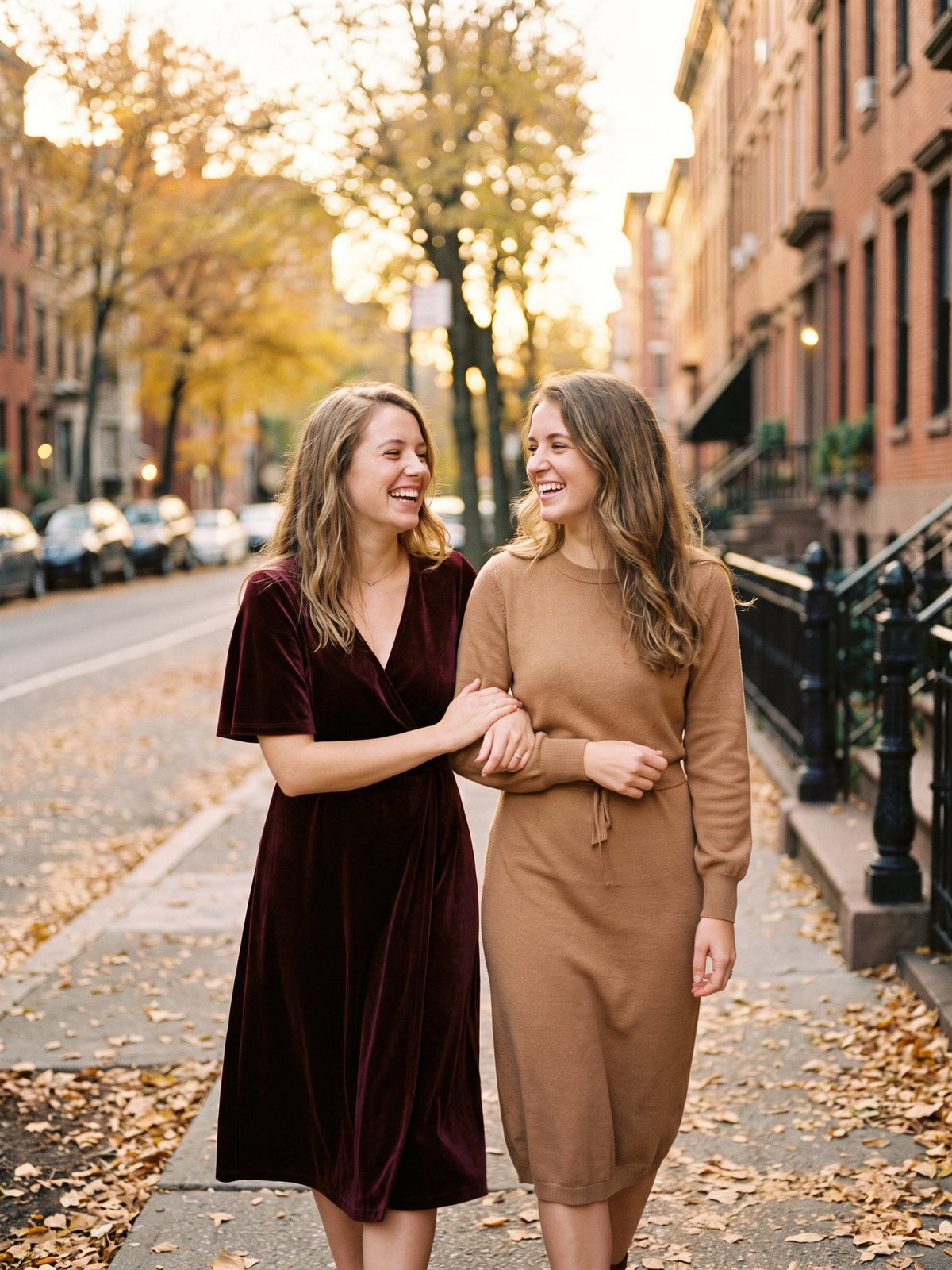 Two friends laughing arm in arm on a city street in autumn