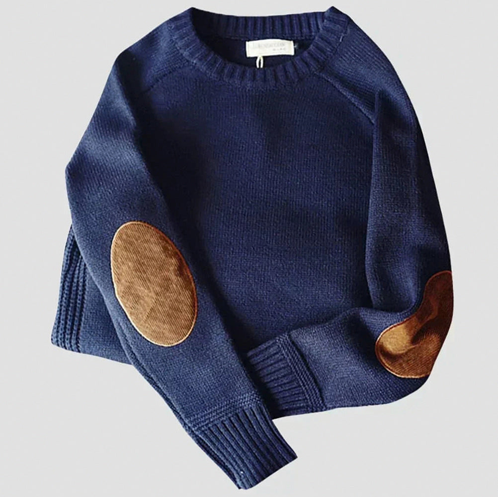 Knit Crew Neck Elbow Patch Sweater