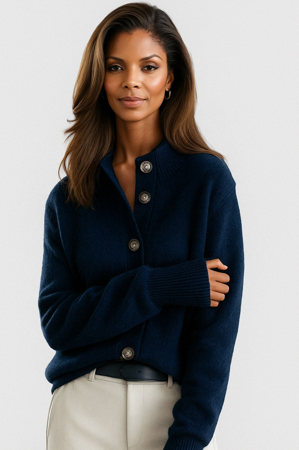 Knit Mock Neck Button Front Cardigan
