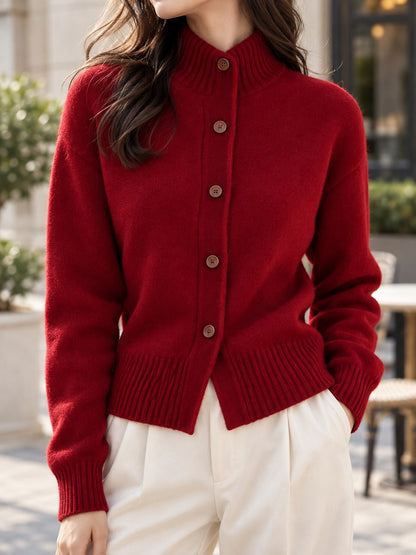 Knit Mock Neck Long Sleeve Button Front Ribbed Trim Cardigan