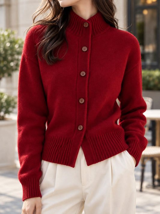 Knit Mock Neck Long Sleeve Button Front Ribbed Trim Cardigan