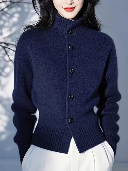 Knit Mock Neck Long Sleeve Button Front Ribbed Trim Cardigan