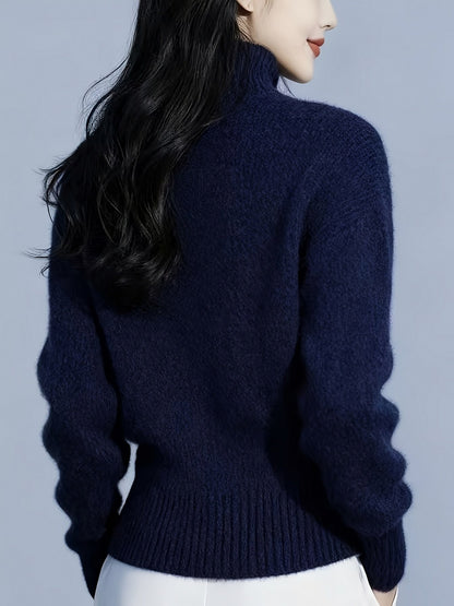 Knit Mock Neck Long Sleeve Button Front Ribbed Trim Cardigan