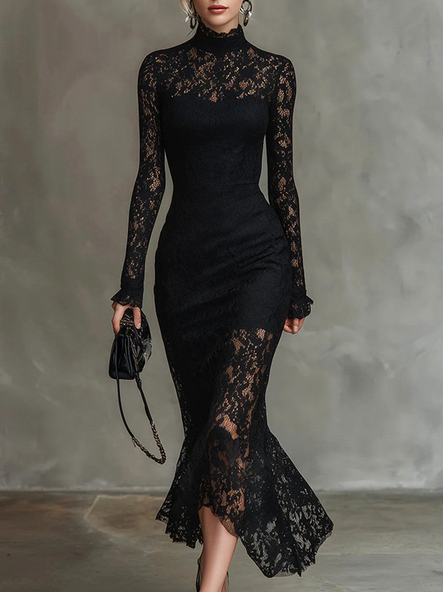 Lace High Neck Long Sleeve Mermaid Dress