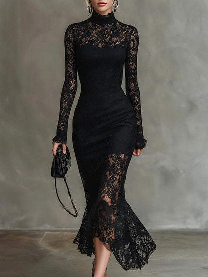 Lace High Neck Long Sleeve Mermaid Dress