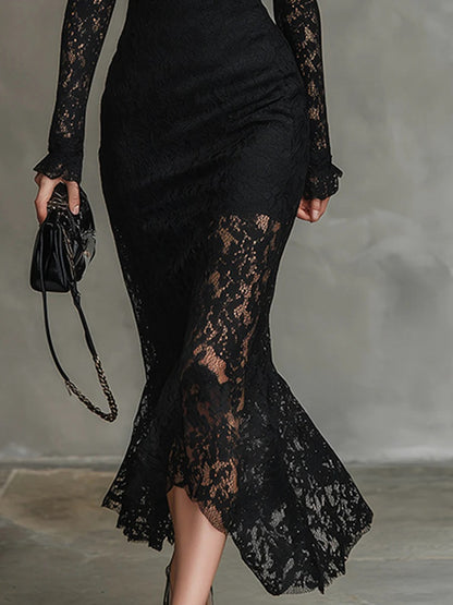 Lace High Neck Long Sleeve Mermaid Dress
