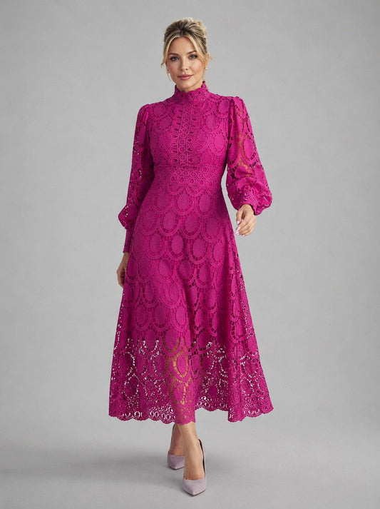 Lace Long Sleeve High Neck Midi Dress