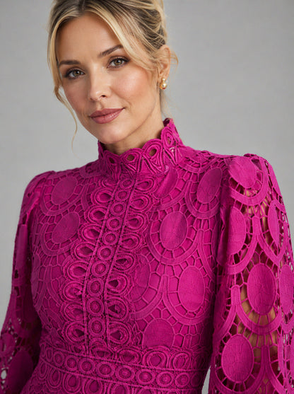 Lace Long Sleeve High Neck Midi Dress