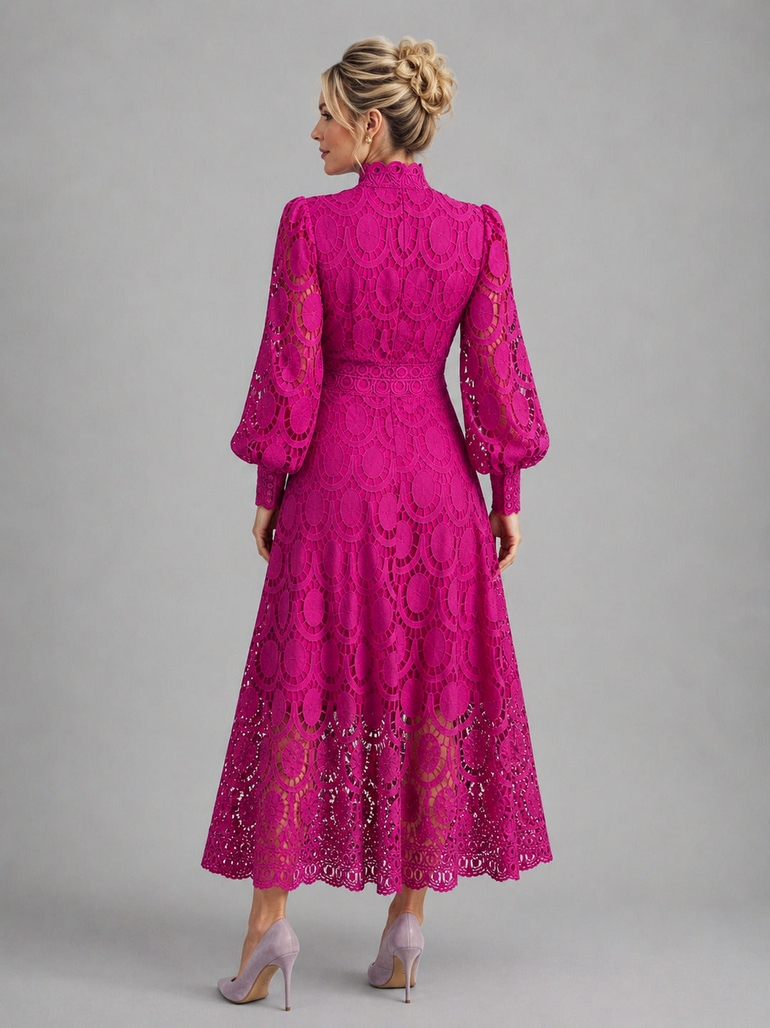 Lace Long Sleeve High Neck Midi Dress