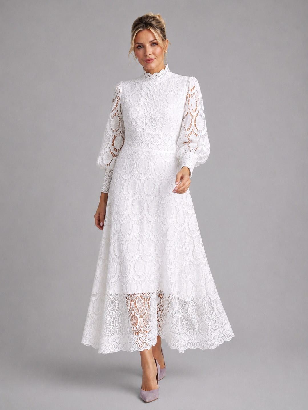 Lace Long Sleeve High Neck Midi Dress
