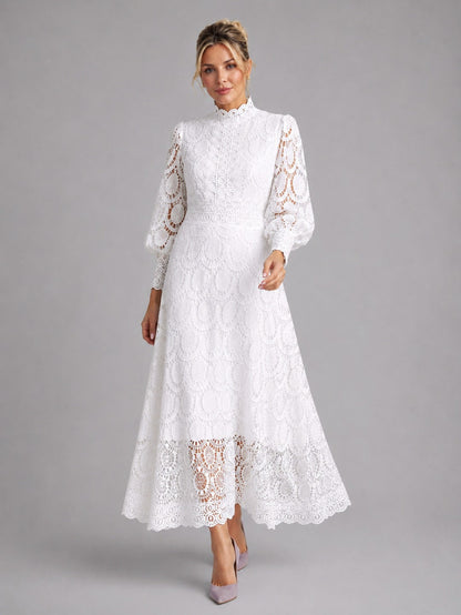 Lace Long Sleeve High Neck Midi Dress