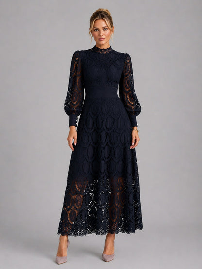 Lace Long Sleeve High Neck Midi Dress