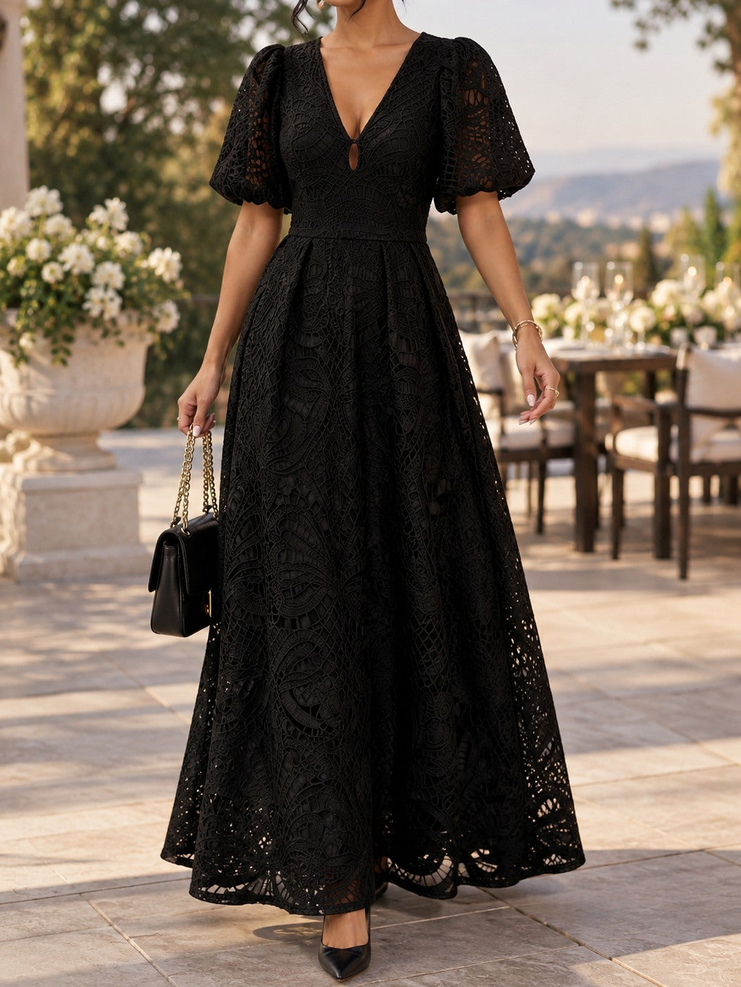 Lace Puff Sleeve Cutout Pleated A-Line Maxi Dress