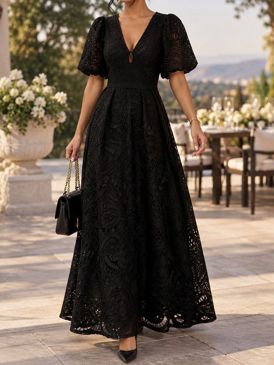 Lace Puff Sleeve Cutout Pleated A-Line Maxi Dress