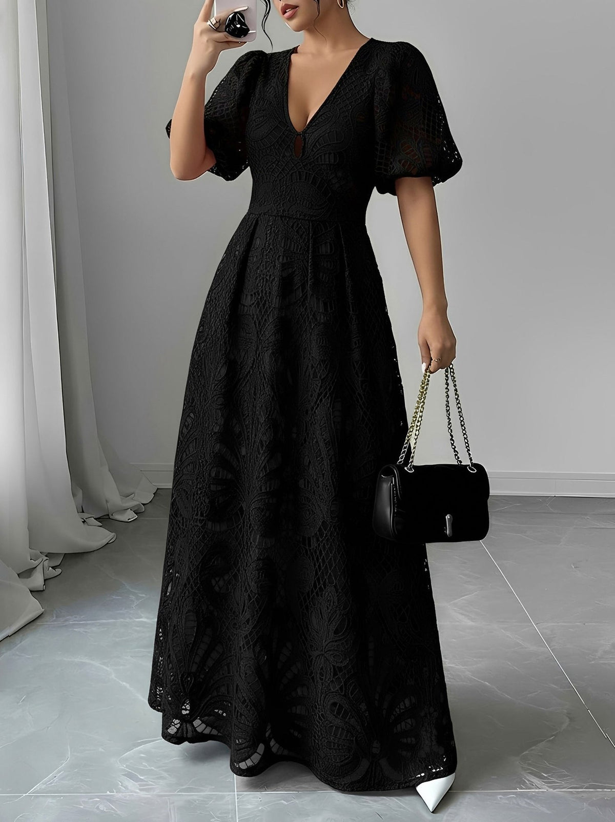 Lace Puff Sleeve Cutout Pleated A-Line Maxi Dress