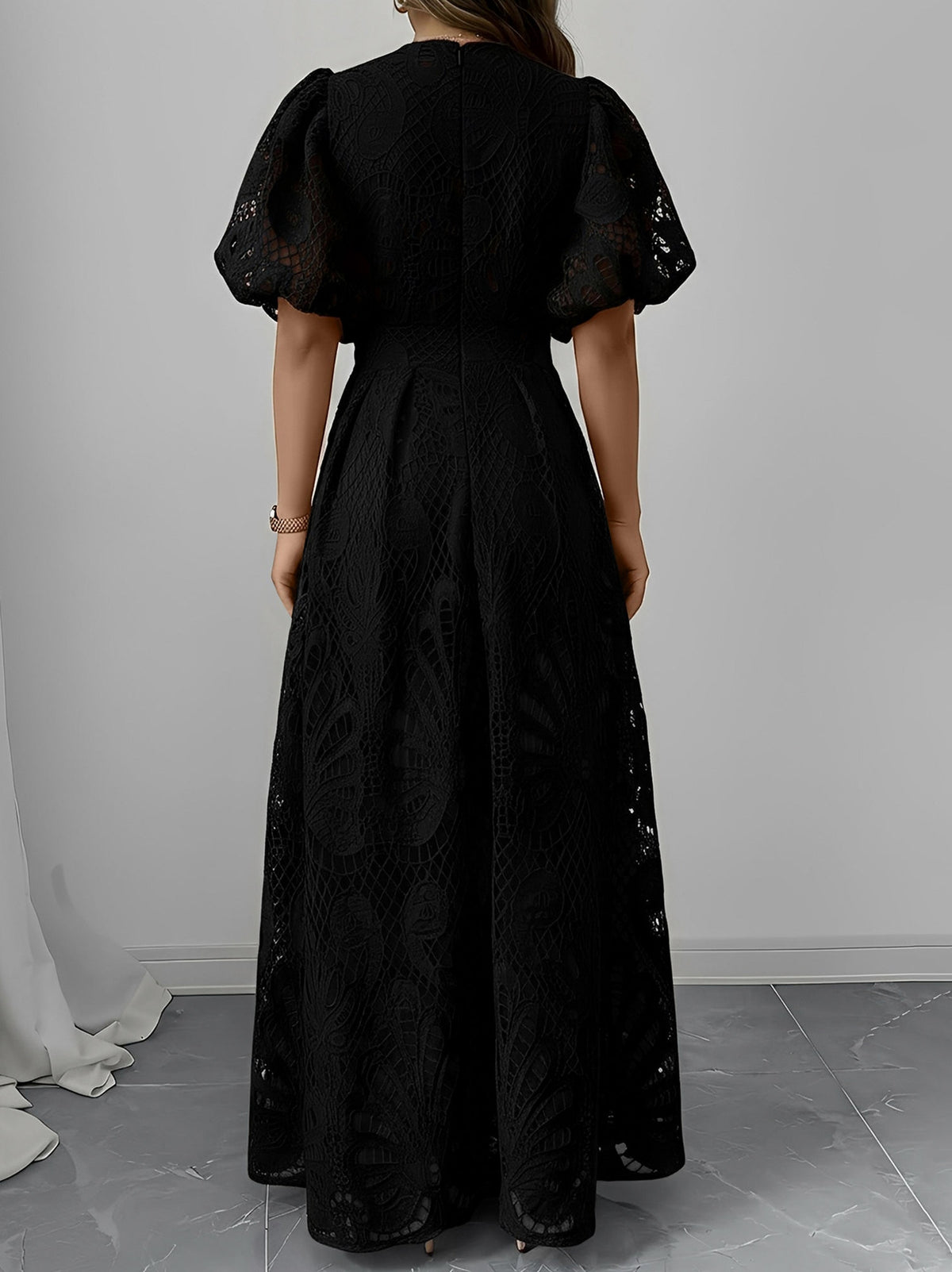 Lace Puff Sleeve Cutout Pleated A-Line Maxi Dress