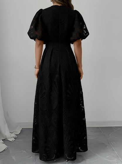 Lace Puff Sleeve Cutout Pleated A-Line Maxi Dress