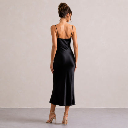 Lace Trim Satin Slip Midi Dress