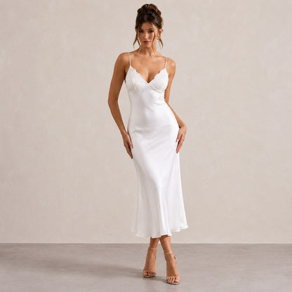 Lace Trim Satin Slip Midi Dress