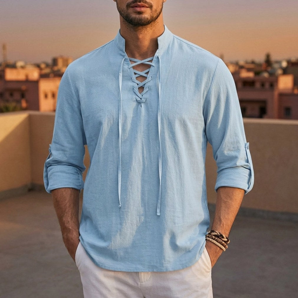 Lace Up Stand Collar Shirt
