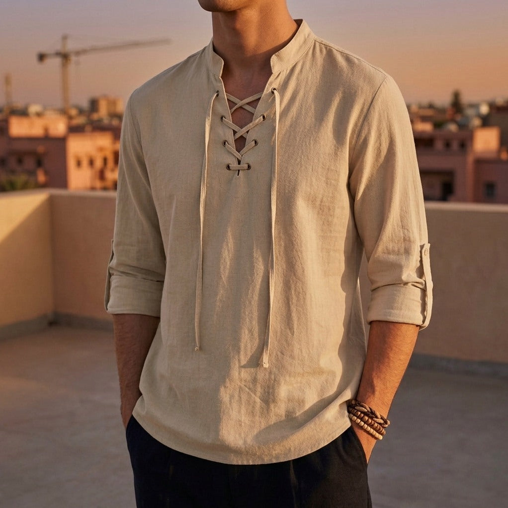 Lace Up Stand Collar Shirt