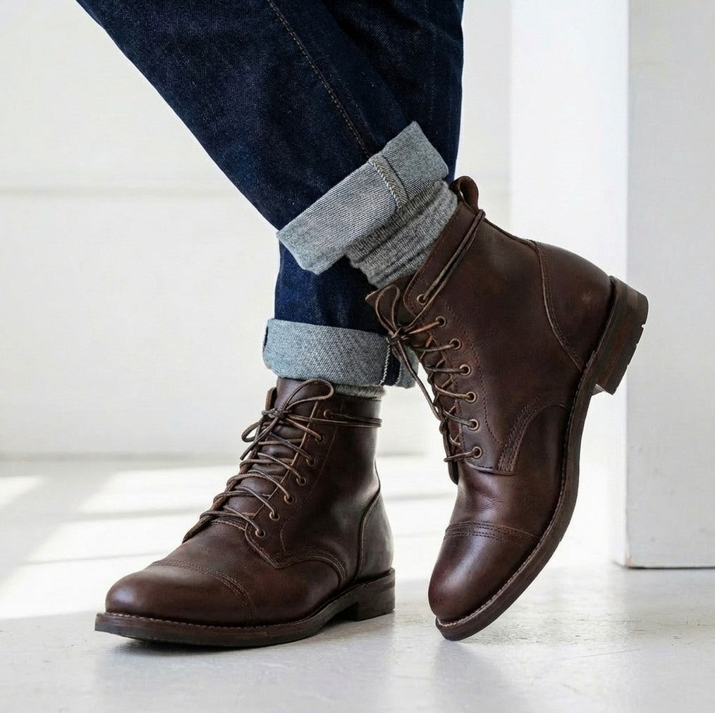 Distressed Leather Cap Toe Ankle Boots
