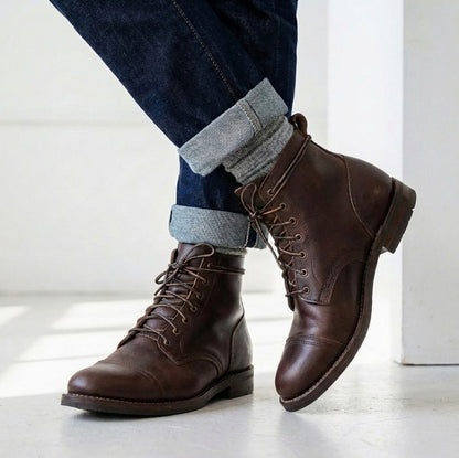 Distressed Leather Cap Toe Ankle Boots