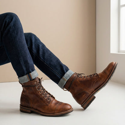 Distressed Leather Cap Toe Ankle Boots