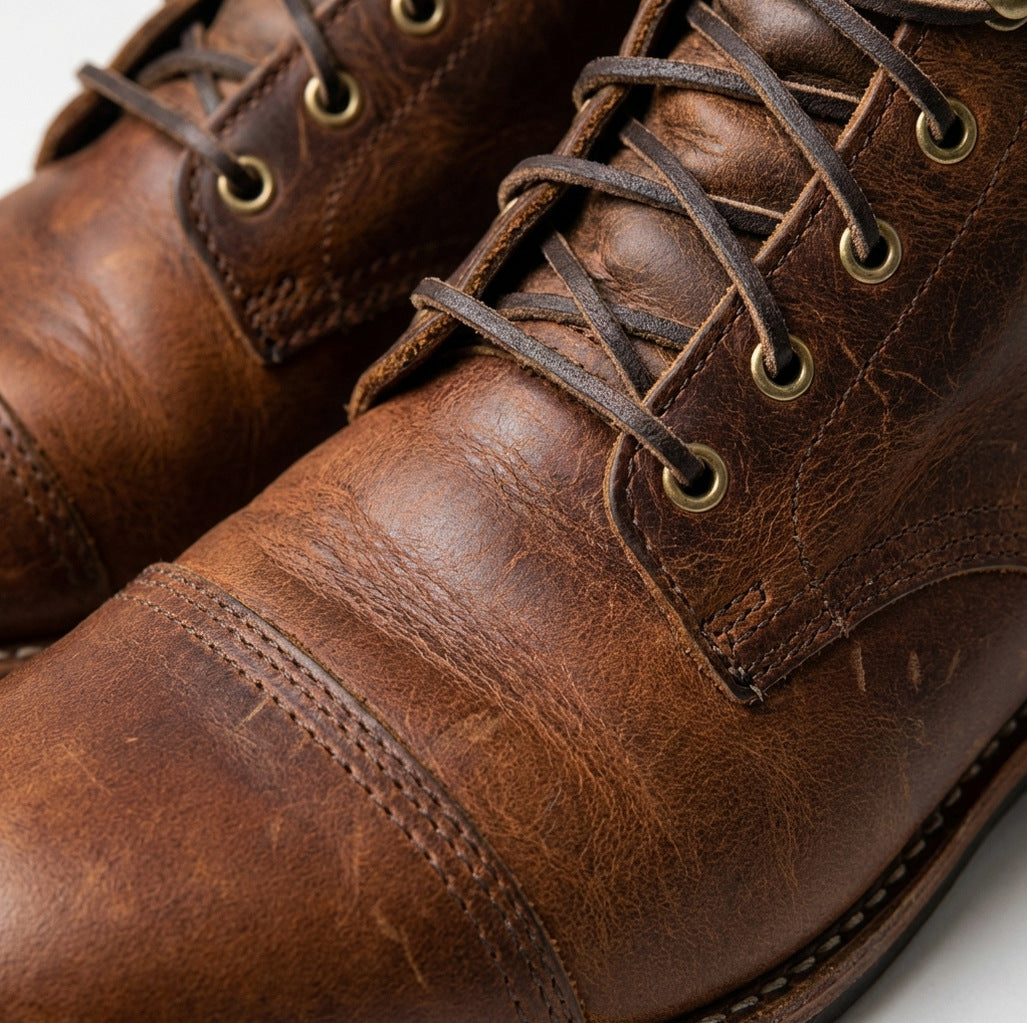 Distressed Leather Cap Toe Ankle Boots