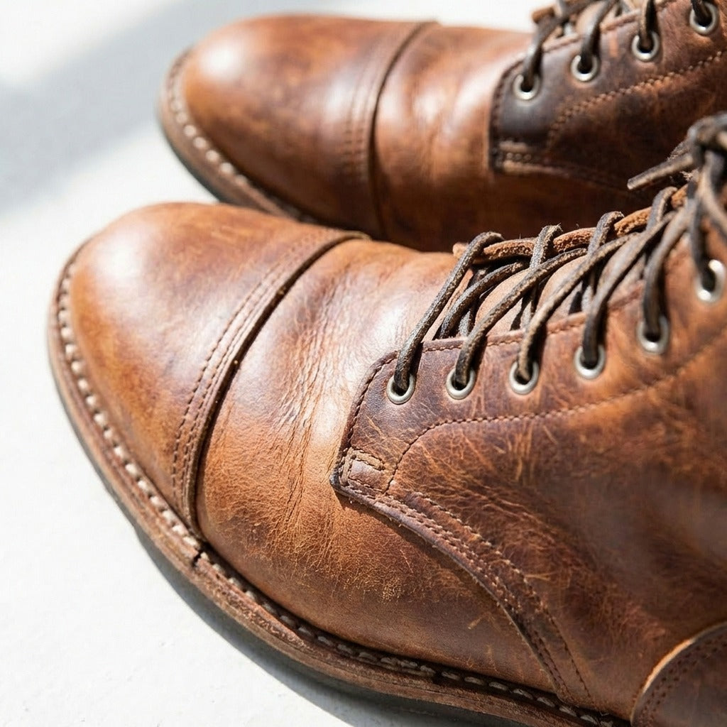 Distressed Leather Cap Toe Ankle Boots