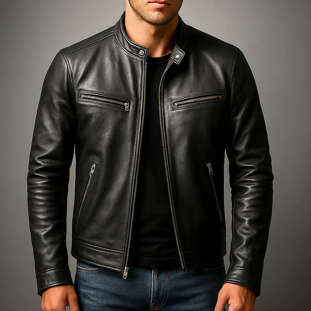 Leather Stand Collar Moto Jacket