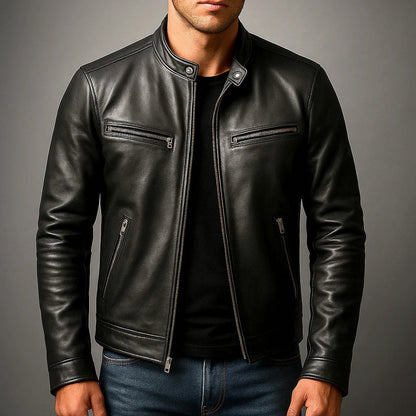 Leather Stand Collar Moto Jacket