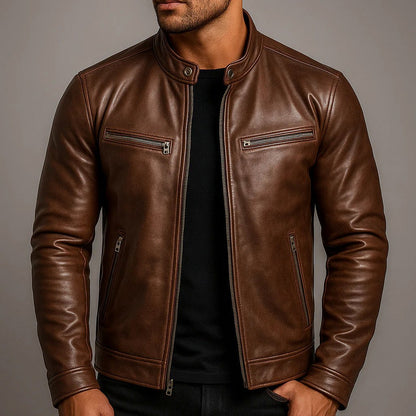 Leather Stand Collar Moto Jacket