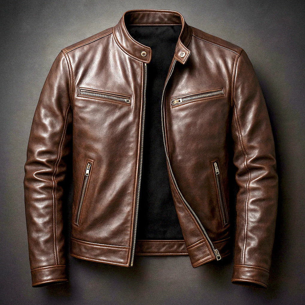 Leather Stand Collar Moto Jacket