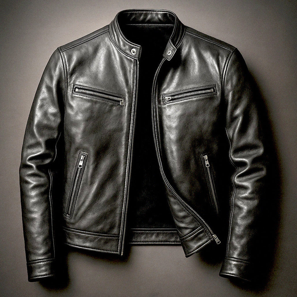 Leather Stand Collar Moto Jacket