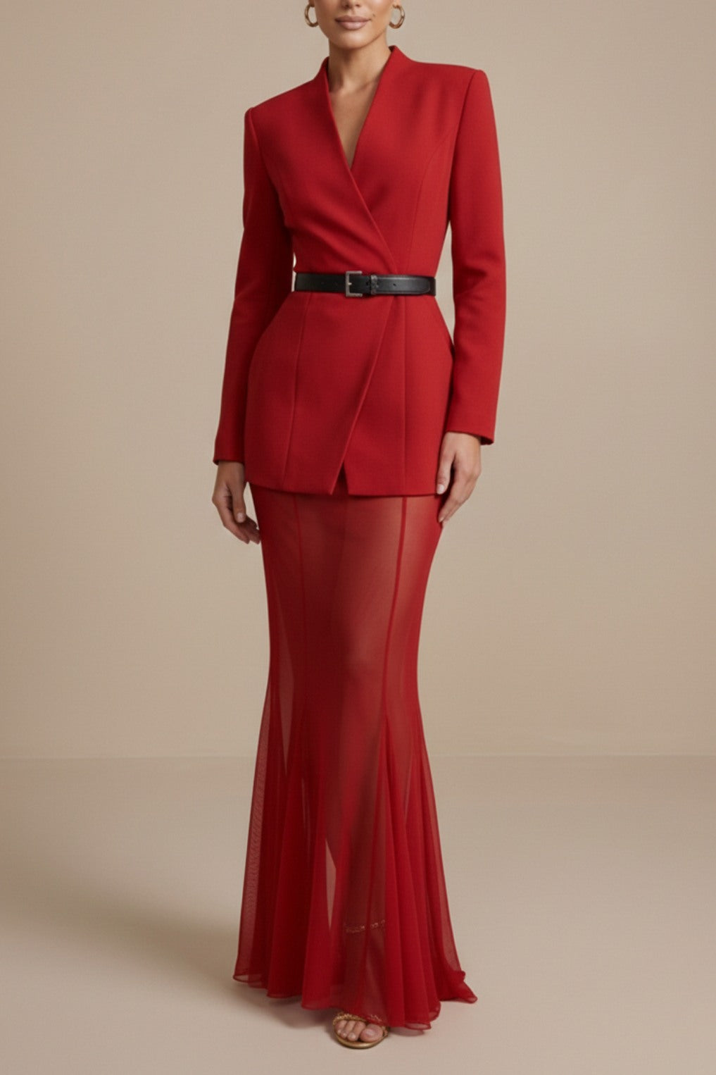 Long Sleeve Belted Blazer Maxi Dress