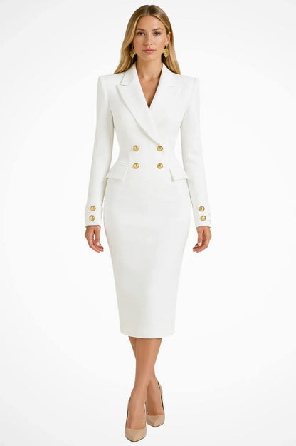 Long Sleeve Double Breasted Button Front Fitted Midi Blazer Dress