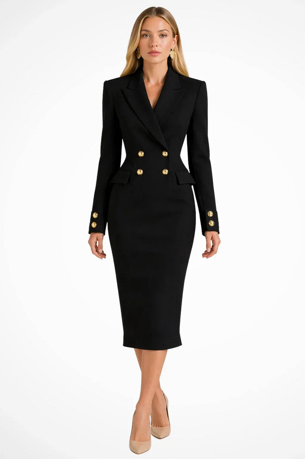 Long Sleeve Double Breasted Button Front Fitted Midi Blazer Dress