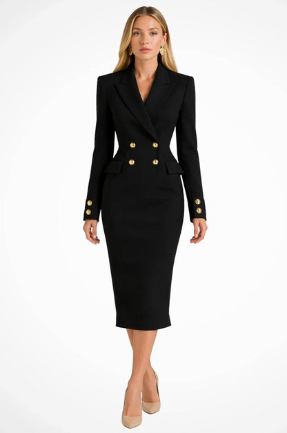 Long Sleeve Double Breasted Button Front Fitted Midi Blazer Dress