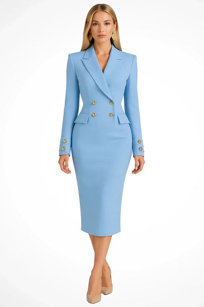 Long Sleeve Double Breasted Button Front Fitted Midi Blazer Dress
