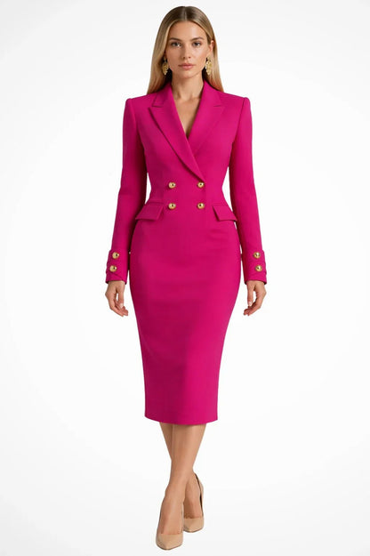 Long Sleeve Double Breasted Button Front Fitted Midi Blazer Dress