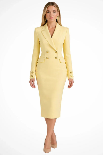 Long Sleeve Double Breasted Button Front Fitted Midi Blazer Dress