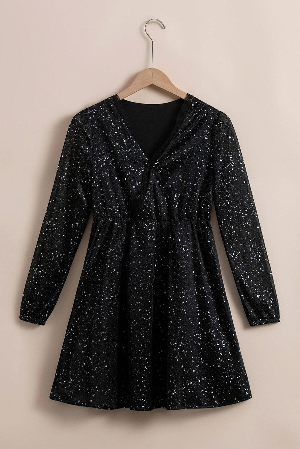 Long Sleeve Lace Trim Wrap Mini Dress