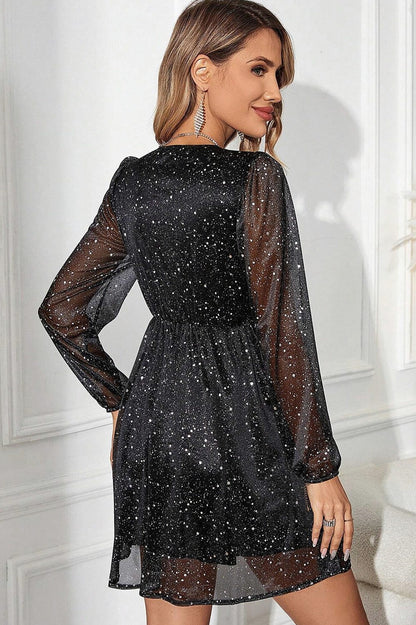 Long Sleeve Lace Trim Wrap Mini Dress