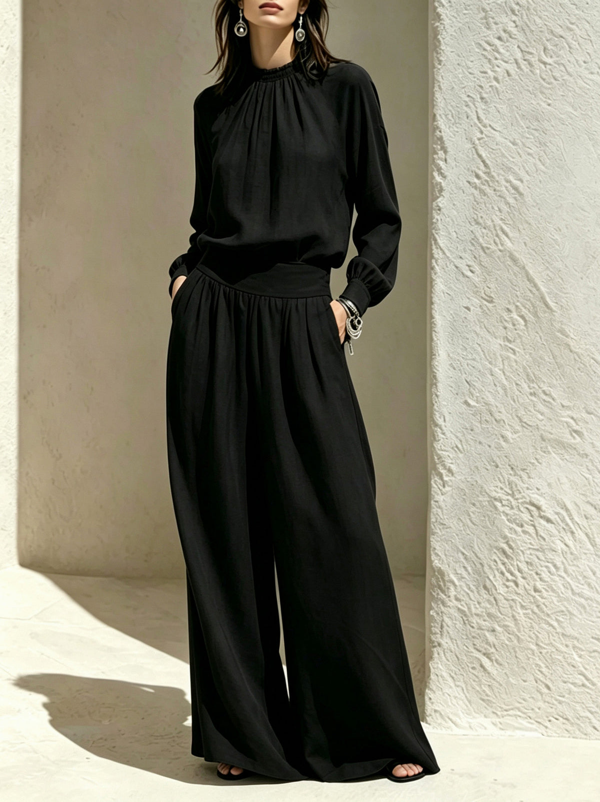 Long Sleeve Mock Neck Wide Leg Jumpsuit